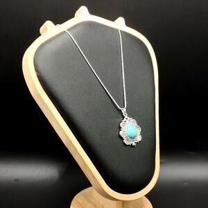 925 Sterling Silver Necklace w/ Turquoise Teardrop Floral Pendant Valentine Gift